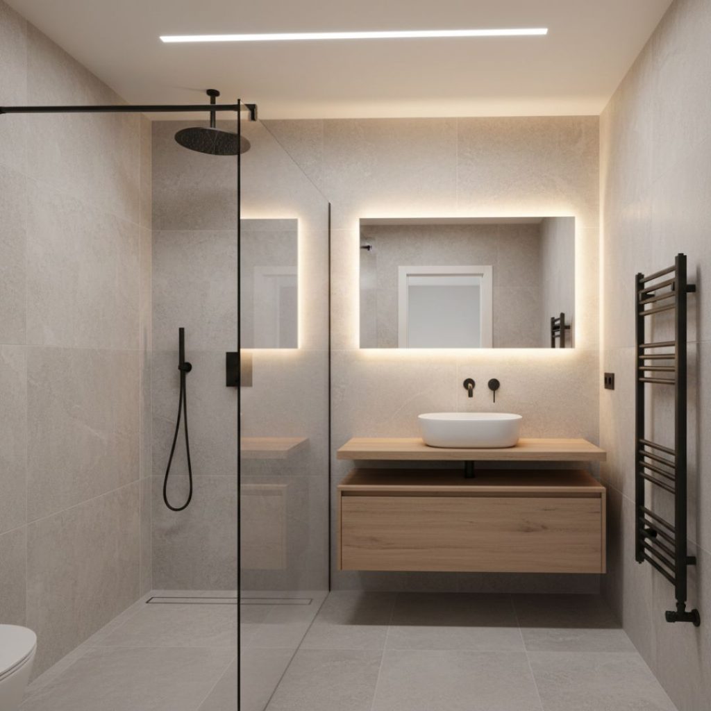 Diseño de baño moderno con revestimientos elegantes, iluminación cálida y acabados minimalistas realizado por Kav Reformas.