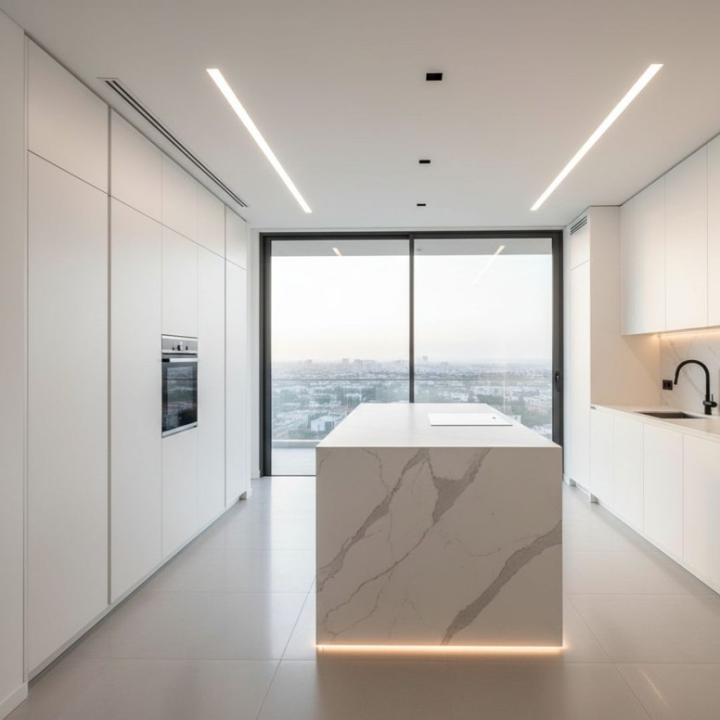 Diseño de baño moderno con revestimientos elegantes, iluminación cálida y acabados minimalistas realizado por Kav Reformas.