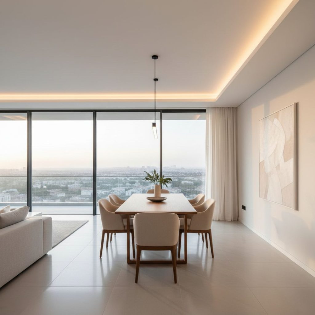 Diseño de salón y comedor integrados con grandes ventanales y suelos de madera, un proyecto de reforma integral moderna por Kav Reformas.