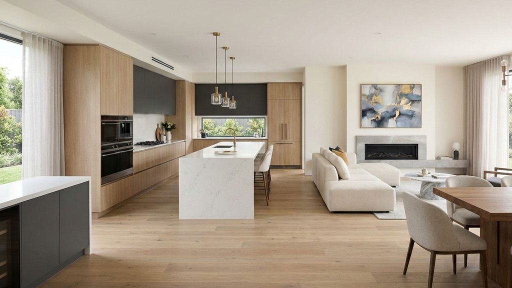 Reforma integral en madrid, Interior de salón moderno reformado con materiales de alta gama, iluminación técnica integrada y suelos de madera natural por Kav Reformas.